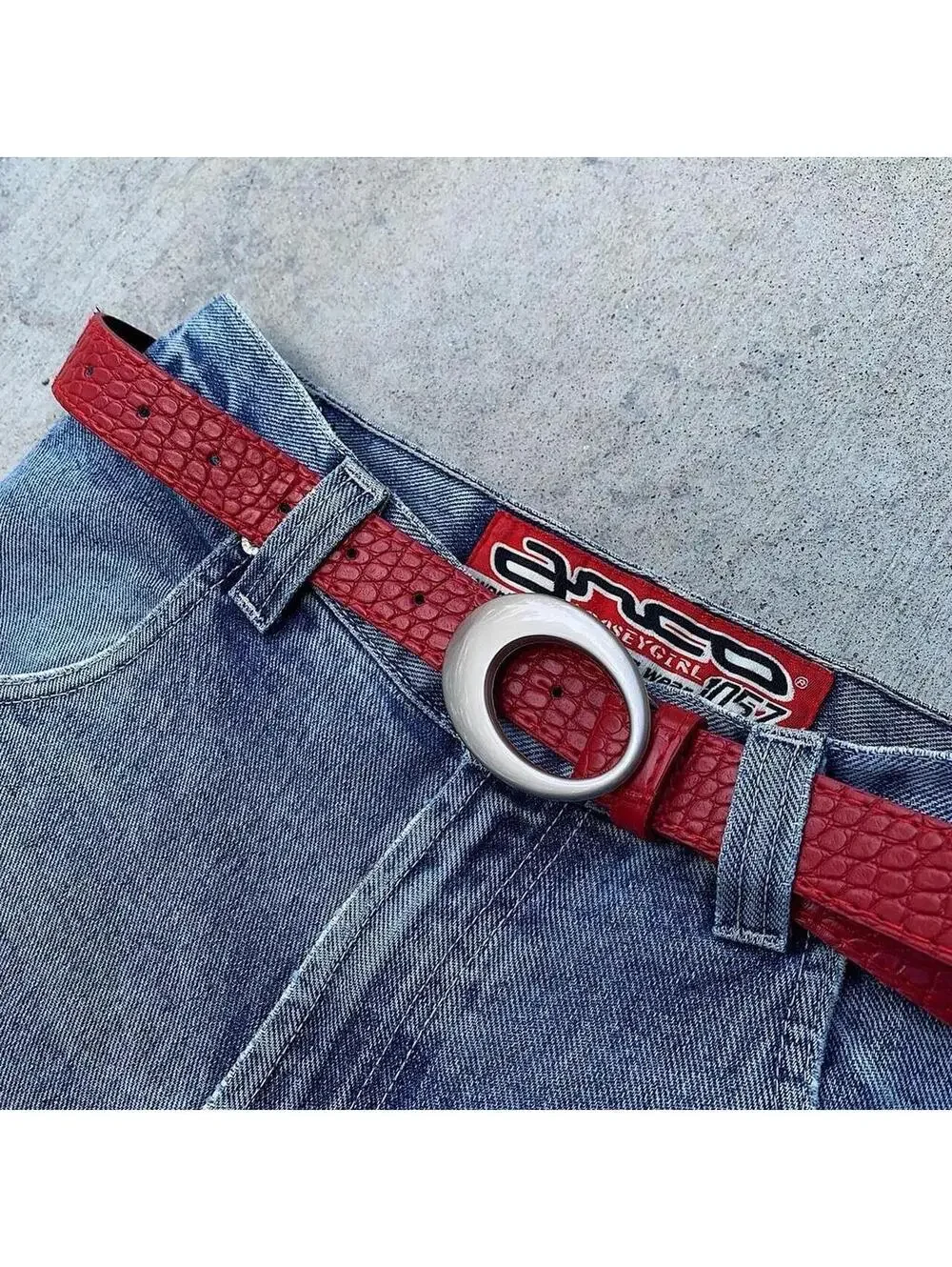 Y2k 2000s style Silver opal belt buckle with Red crocodile style leather. 39
